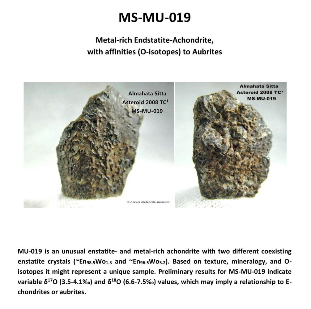 Almahata Sitta Meteorit (MS-MU-036: Enstatit-Achondrit (kein Aubrit) > metall-reich > einmalig) - 1,262 g