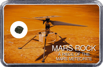 Mars Meteorit NWA 6963 (Motiv: Mars Hubschrauber Ingenuity auf Marsoberfläche in Frontansicht)
