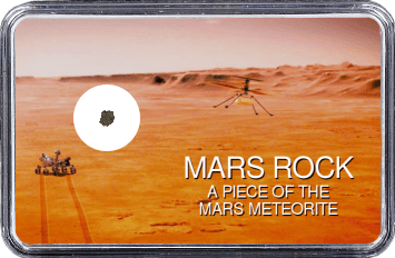Mars Meteorit NWA 10628 (Motiv: Mars Rover Perseverance und Hubschrauber Ingenuity im Flug vor Marsgebirge)