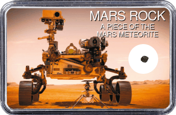 Mars Meteorit NWA 10628 (Motiv: Mars Rover Perseverance mit Hubschrauber Ingenuity in Frontansicht)