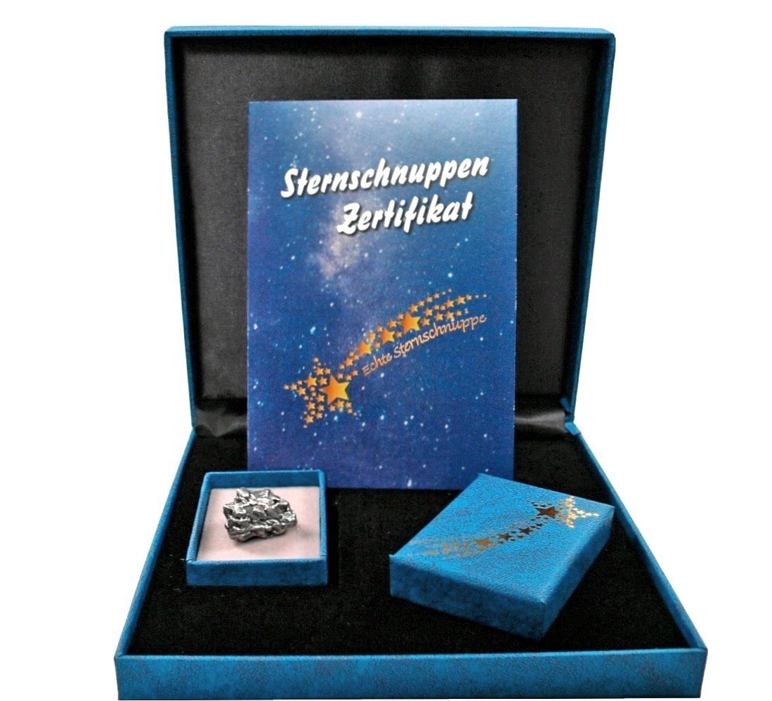 Geschenkset mit echter Sternschnuppe ☄️ und Zertifikat für Widmung