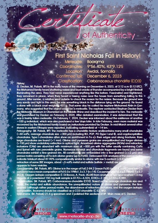 Boorama Meteorit CO3 (Motiv I): Einzigartig: Der erste Nikolaus-Meteoritenfall vom 06.12.2023 - Als der Himmel Geschichte schrieb