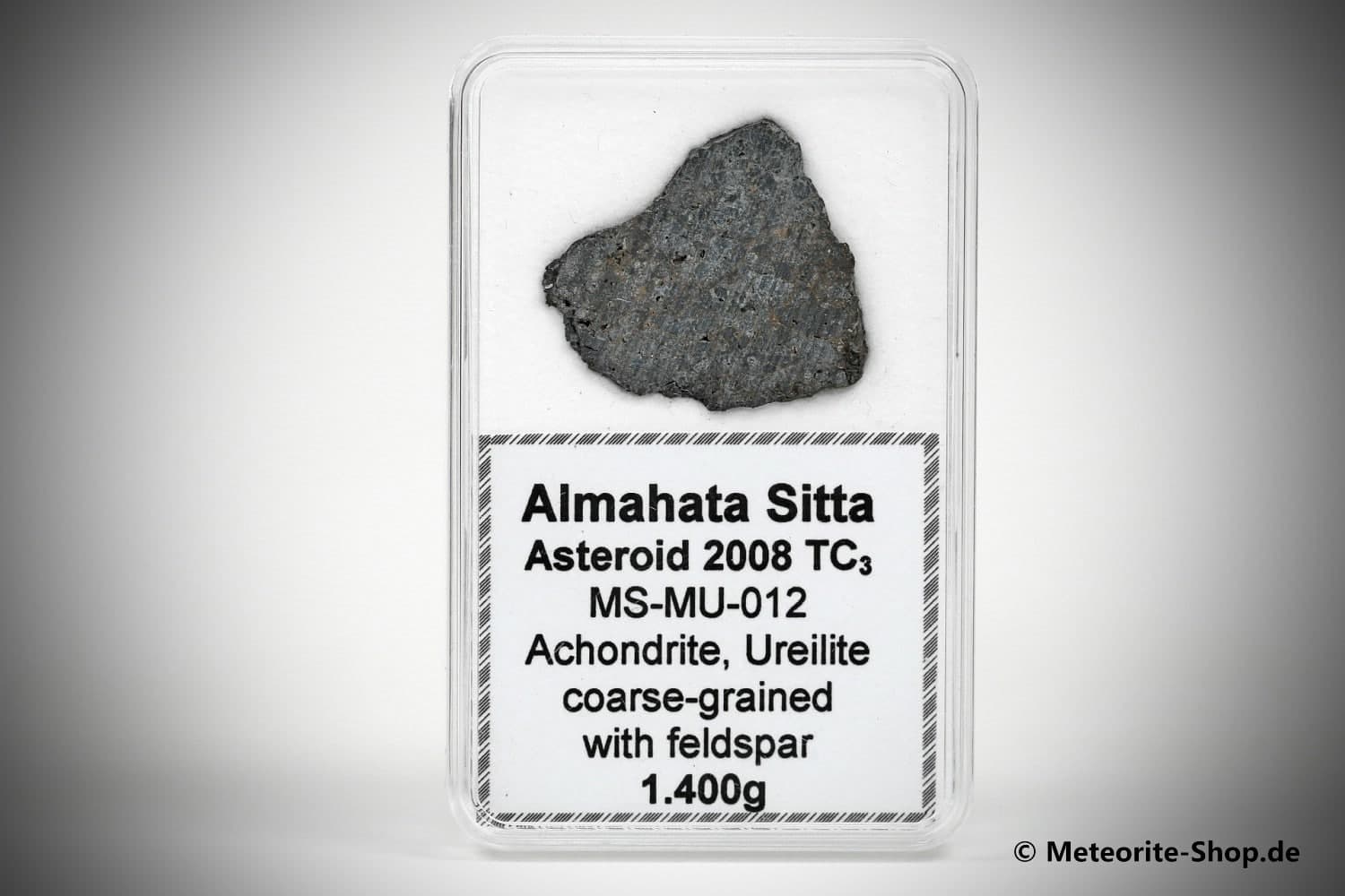 Almahata Sitta Meteorit (MS-MU-012: Ureilit > pyroxen-reich, grobkörnig > einmalig) - 1,400 g