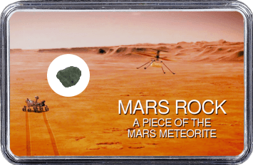 Mars Meteorit Ouargla 003 (Motiv: Mars Rover Perseverance und Hubschrauber Ingenuity im Flug vor Marsgebirge)