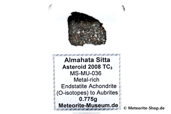 Almahata Sitta Meteorit (MS-MU-036: Enstatit-Achondrit (kein Aubrit) > metall-reich > einmalig) - 0,775 g