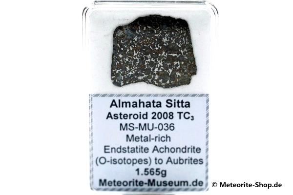 Almahata Sitta Meteorit (MS-MU-036: Enstatit-Achondrit (kein Aubrit) > metall-reich > einmalig) - 1,565 g
