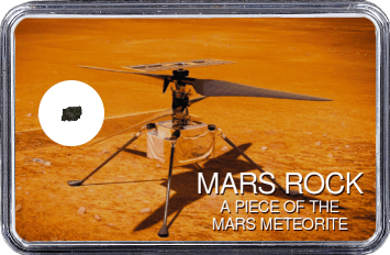 Mars Meteorit NWA 10628 (Motiv: Mars Hubschrauber Ingenuity auf Marsoberfläche in Frontansicht)