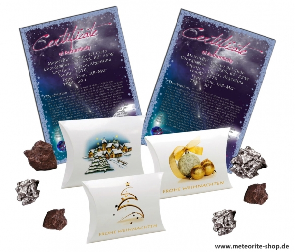 Sternschnuppe zu Weihnachten als Eisenmeteorit oder Steinmeteorit in Motiv-Geschenkbox mit Zertifikat und persönlicher Widmung