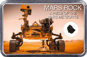Mars Meteorit NWA 10628 (Motiv: Mars Rover Perseverance mit Hubschrauber Ingenuity in Frontansicht)