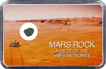 Mars Meteorit NWA 10628 (Motiv: Mars Rover Perseverance und Hubschrauber Ingenuity im Flug vor Marsgebirge)