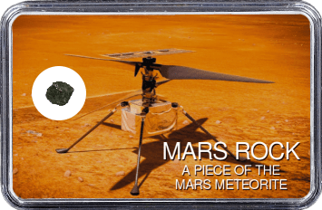 Mars Meteorit NWA 10628 (Motiv: Mars Hubschrauber Ingenuity auf Marsoberfläche in Frontansicht)